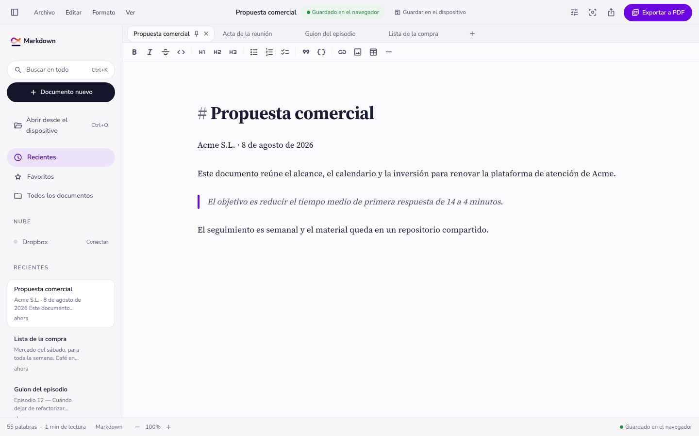 El editor con un documento abierto: barra de pestañas arriba, lista de documentos a la izquierda y el texto en la columna central.