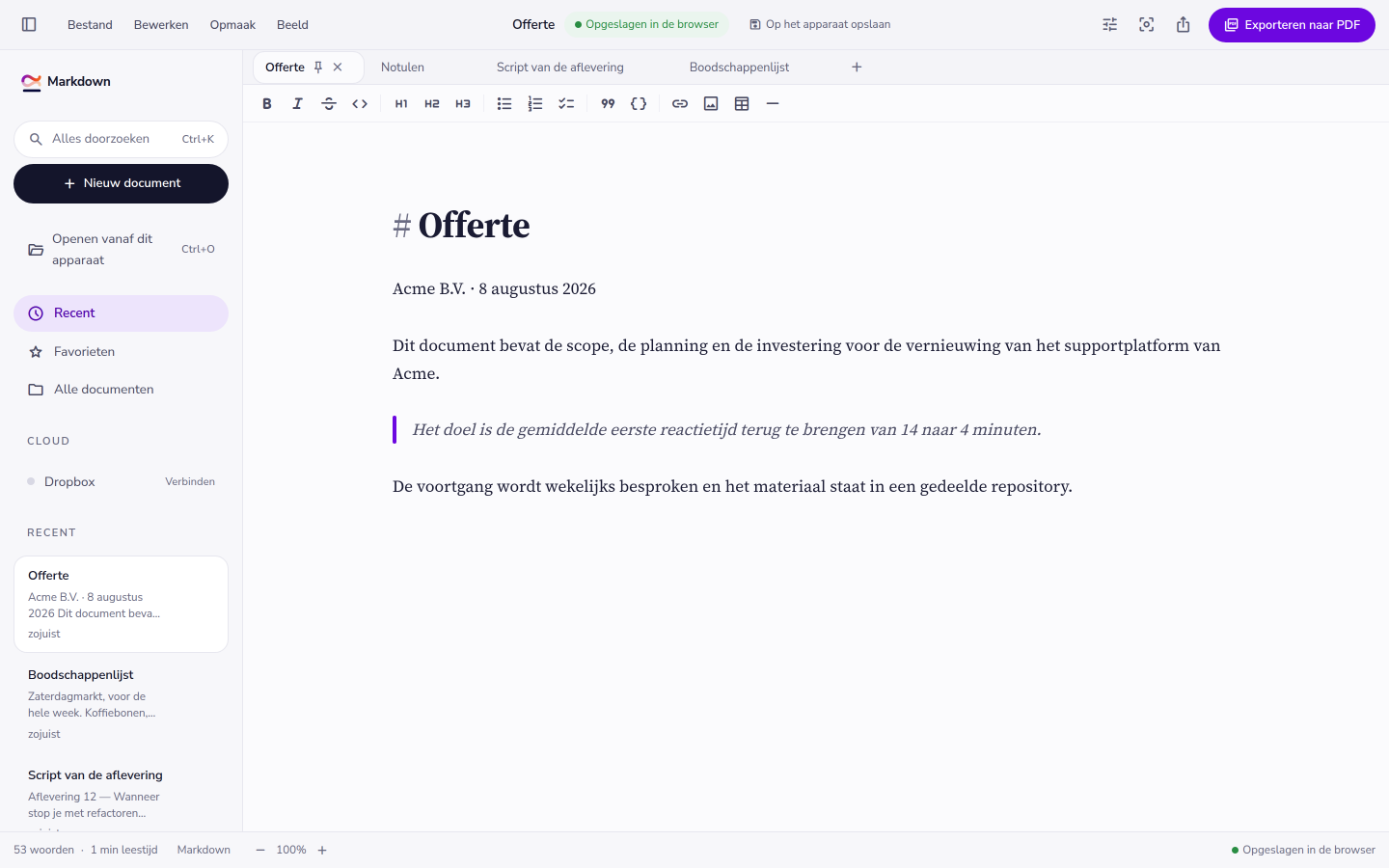 De editor met een geopend document: tabbladen bovenaan, documentenlijst links en de tekst in de middelste kolom.